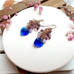 New Majestic Blue Heart Crystal Cluster Earrings | Handmade in BC